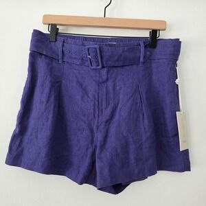 NEW Joie‎ 100% Linen Belted High Waist Pleated Shorts Women size L Purple